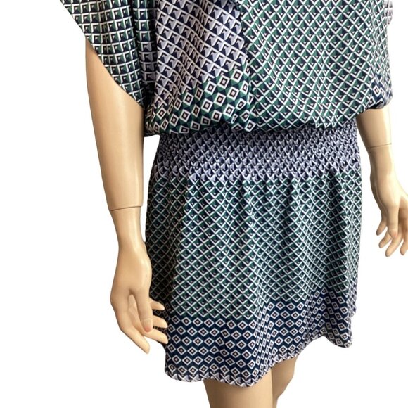 Parker Geometric Print VNeck Ruffle Sleeve Dress Medium Mini Dress Stretch Waist - Picture 6 of 9